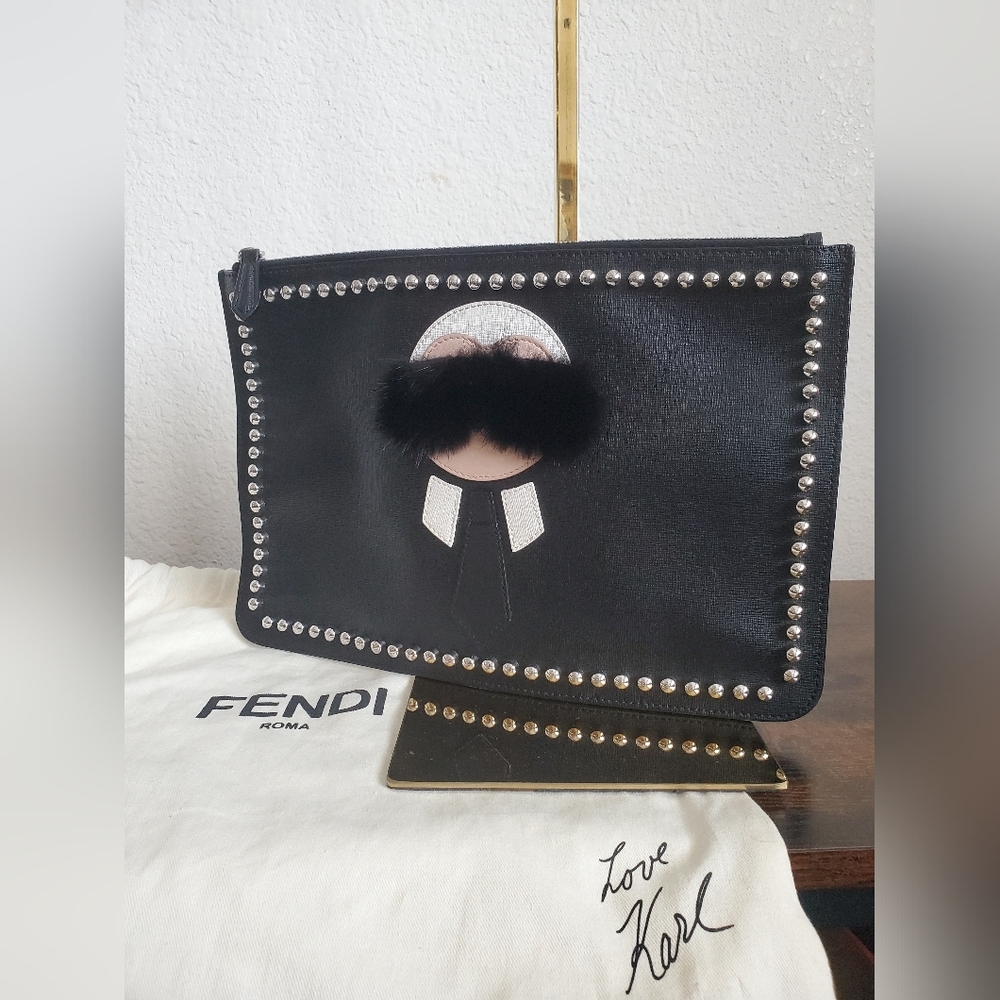 Fendi Black Leather Mink-Trimmed Silver Studded Karlito Pouch - Picture 3 of 12